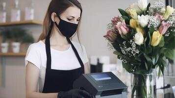 de cerca retrato de hembra florista asistente vistiendo máscara durante trabajo en su floral comercio, generativo ai. foto