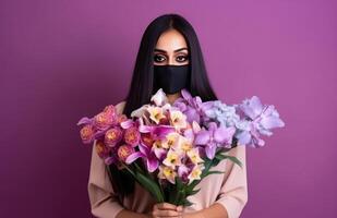 Portrait of Young Woman Wearing Mask and Holding Beautiful Floral Bouquet, Generative AI. photo