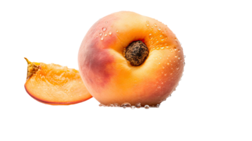 Realistic Ripe Peach with Green Leaf and Water Droplets on Background, . png