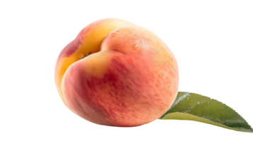 Realistic Ripe Peach with Green Leaf and Water Droplets on Background, . png