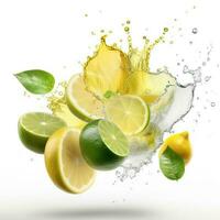 Whole and Cut of Lime and Lemon Splashing in the Mid Air Against White Background. Food Levitation, Generative AI. photo