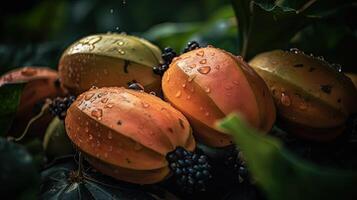 A Captivating Photograph Highlighted of Fresh Pumpkins, Blackberry or Mulberry and Water Droplets, Created By Technology. photo