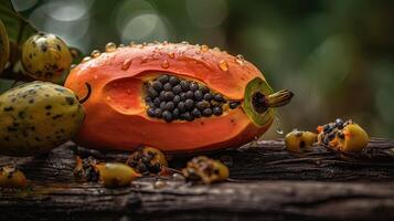 todo y rebanada de Fresco papaya con agua gotas en de madera textura fondo, generativo ai. foto