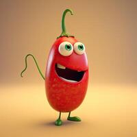 Pixar Style Happy Red Chili 3D Character on Shiny Brown Background. . photo