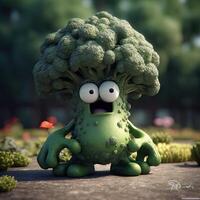 Pixar Style Broccoli 3D Character on Shiny Green Nature Landscape Background. Generative AI. photo