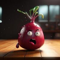 Pixar Style Beetroot 3D Character at Shiny Wooden Plank Background. . photo