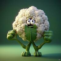Pixar Style cauliflower 3D Character on Shiny Green Background. Generative AI. photo