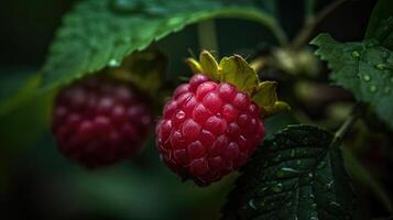 jugoso Fresco frambuesas con verde hojas y gotas de agua, cautivador fotografía destacando único antecedentes. generativo ai. foto