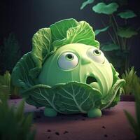 Pixar Style Scary Cabbage 3D Character on Green Landscape. Generative AI. photo