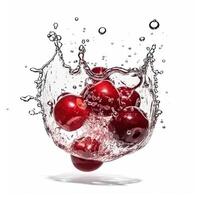 Juicy Fresh Cherry Splashing into Water, Food Levitation. Created By . photo