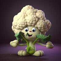 Pixar Style Cheerful Cauliflower 3D Character on Purple Background. . photo