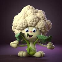 Pixar Style Cheerful Cauliflower 3D Character on Purple Background. Generative AI. photo