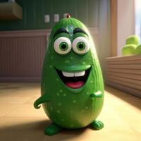 Pixar Style Giggling Cucumber 3D Character at Shiny Kitchen Room . Digital Illustration. photo