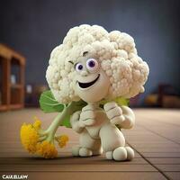 Pixar Style cauliflower 3D Character with Yellow Flower at Shiny Room. Generative AI. photo