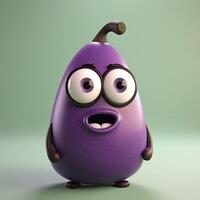 Pixar Style Eggplant 3D Character on Shiny Pastel Green Background. Generative AI. photo