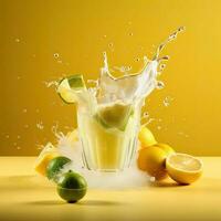agua salpicaduras dentro un vaso lleno con limón y Lima rebanadas en amarillo fondo, generativo ai tecnología. foto
