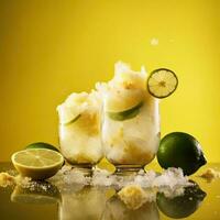 Water Splashing into a Glass Filled with Lemon and Lime Slices on Yellow Background, Generative AI Technology. photo