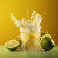 Water Splashing into a Glass with Lime on Yellow Background, Generative AI Technology. photo