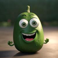 Pixar Style Cucumber 3D Character on Shiny Green Background. Generative AI. photo