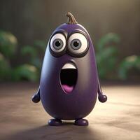 Pixar Style Shouting Eggplant 3D Character on Shiny Nature Background. Digital Illustration. photo