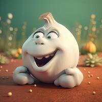 Pixar Style Happy Garlic 3D Character on Shiny Farming Background. . photo