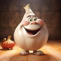 Pixar Style Cheerful Garlic 3D Character on Shiny Brown Background. . photo