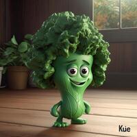 Pixar Style Old Kale 3D Character with Potted Plants on Shiny Wooden Room. Digital Illustration. photo