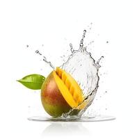 Juicy Fresh Mango Slice Falls into Water Against White Background, Technology. photo