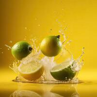 Whole and Cut of Lemon and Lime Floating into Water, Food Levitation. . photo