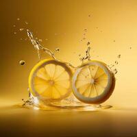 Slices of Lemon Floats in Water Against Yellow Background, Technology. photo