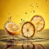 Slices of Lemon Floats in Water Against Yellow Background, Technology. photo