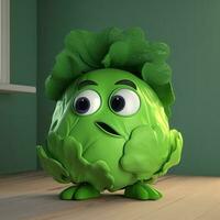 Pixar Style Cute Cabbage 3D Character Standing on Green Room. Generative AI. photo
