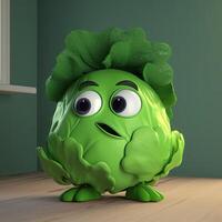 Pixar Style Cute Cabbage 3D Character Standing on Green Room. Generative AI. photo