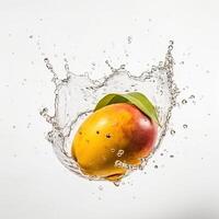 Juicy Fresh Mango Splashing into Water Against White Background, Food Levitation. Technology. photo