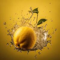 Whole Lemon Floats in Water Against Yellow Background, Food Levitation. Technology. photo