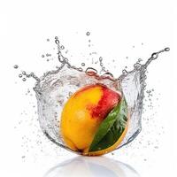 Juicy Fresh Mango Splashing into Water Against White Background, Technology. photo