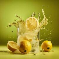 agua salpicaduras dentro un vaso con limón en amarillo fondo, generativo ai tecnología. foto