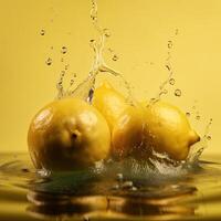 Whole Lemon Floats in Water Against Yellow Background, Technology. photo