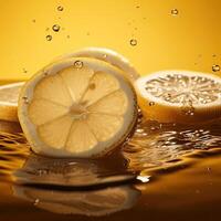 Slices of Lemon Floats in Water Against Yellow Background, Technology. photo