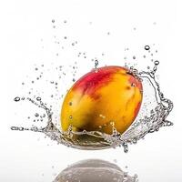 Juicy Fresh Mango Splashing into Water Against White Background, Food Levitation. Technology. photo