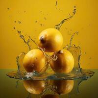 Whole Lemon Floats in Water Against Yellow Background, Food Levitation. Technology. photo