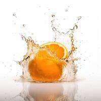 jugoso Fresco naranja rebanada flotante en el agua en blanco fondo, generativo ai tecnología. foto