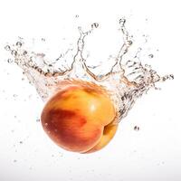 Fresh Peach Fruit Falling into Mid Water Against White Background. Food Levitation, . photo