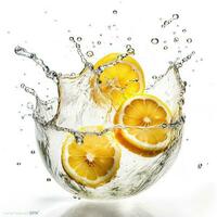 rebanadas de limón salpicaduras dentro medio aire agua en contra blanco fondo, comida levitación, generativo ai. foto