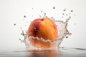 Fresco melocotón Fruta que cae dentro medio agua en contra blanco antecedentes. comida levitación, generativo ai. foto