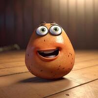 Pixar Style Giggling Potato 3D Character on Shiny Brown Wooden Background. . photo