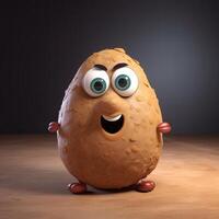 Pixar Style Giggling Potato 3D Character on Shiny Brown Background. . photo
