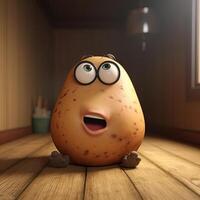 Pixar Style Open Mouth Cartoon Potato 3D Character At Shiny Brown Room. Generative AI. photo