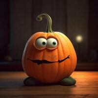 Pixar Style Staring Cartoon Pumpkin 3D Character on Shiny Background. . photo