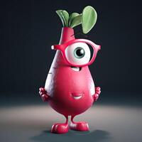 Pixar Style Cue Beetroot 3D Character Wearing Goggles in Standing Pose on Grey Background. photo